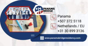 Panama Bridge Residency contact card showing services, passports, stamps, and contact numbers for Panama and Netherlands offices