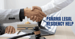 Two professionals shaking hands at a legal office with gavel and laptop, symbolizing Panama residency legal support