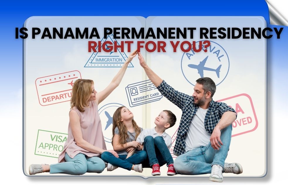 A family sitting infront of a stamped passport depicting successful Panama residency