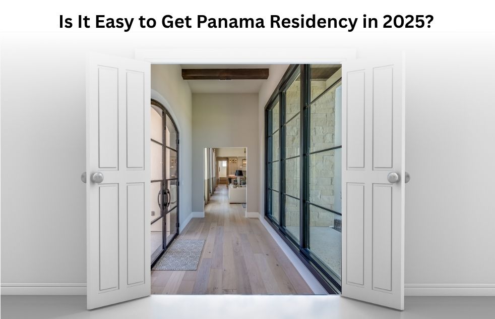 Open white double doors revealing a modern home interior, symbolizing opportunities for Panama residency in 2025