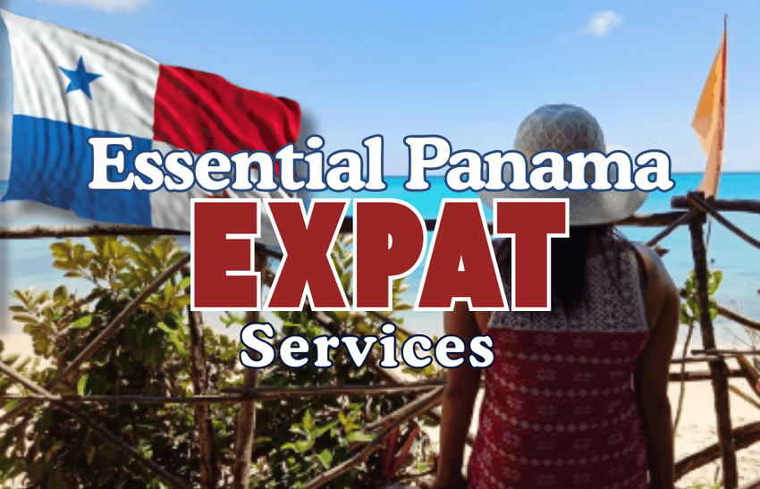 Panama expat woman enjoying tropical beach with Panama flag in the background, showcasing Panama expat services.